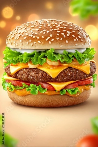 Fototapeta  Hamburguesa doble con varias capas de queso cheddar, tomate fresco, lechuga crujiente y pan con semillas. Fondo cálido y difuminado.
