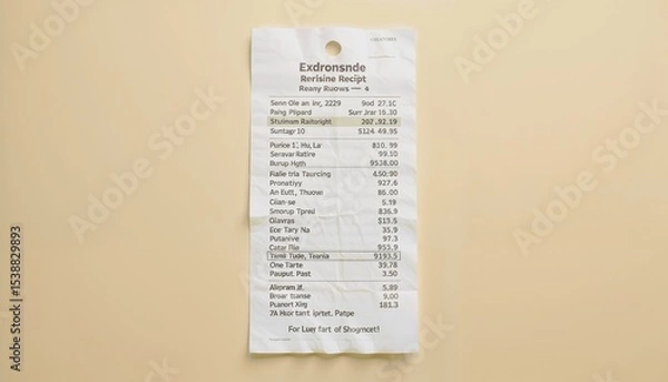 Fototapeta "A crumpled shopping receipt with detailed itemized list, centered on a beige pastel background, minimalistic top-down flat lay photography, realistic paper texture, soft shadow, high-resolution comme