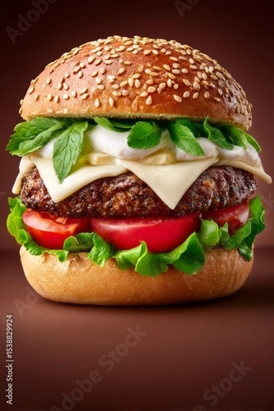 Fototapeta  Hamburguesa destacada por hojas de menta fresca, dos capas de queso blanco, lechuga y tomate en pan de sésamo.
