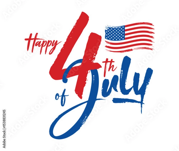 Fototapeta 4th of July Banner USA Independence Day vector with American flag, Handwritten brush calligraphy lettering, text, logo of Happy Fourth of July isolated on white background. Sale template