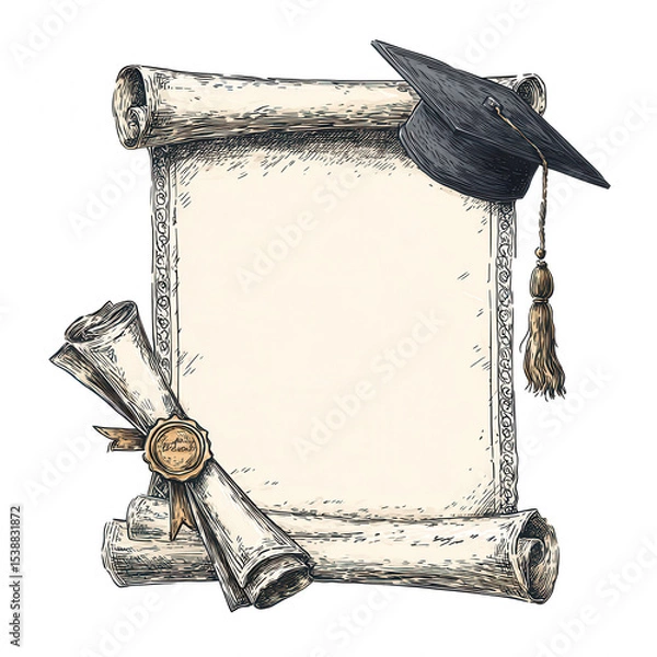 Fototapeta Graduation certificate design featuring blank parchment scroll, rolled diploma, and graduation cap. This illustration symbolizes achievement and educational success, perfect for celebratory