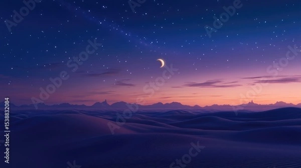 Fototapeta Serene Desert Night Sky with Crescent Moon and Stars Over Gently Rolling Sand Dunes Under Twilight Colors