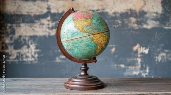 Fototapeta Vintage world globe on wooden table against textured wall.