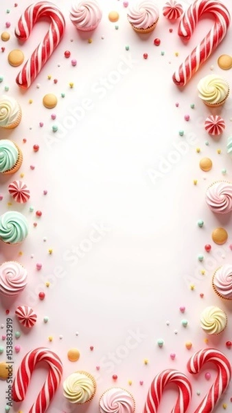 Obraz Candy-Themed Kids Party Background with Cupcakes, Balloons, and Sweets – Colorful and Cute Frame for Birthday Invitations or Baking-Themed Designs.
