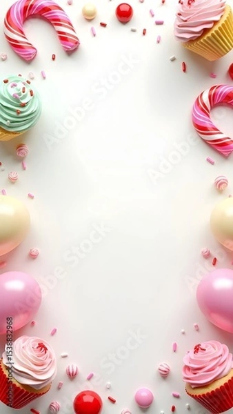 Obraz Candy-Themed Kids Party Background with Cupcakes, Balloons, and Sweets – Colorful and Cute Frame for Birthday Invitations or Baking-Themed Designs.