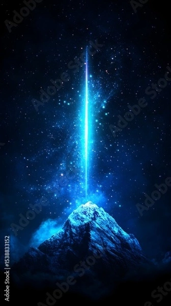 Fototapeta Blue beam erupts from snowy mountain peak, cosmic background, sci-fi concept