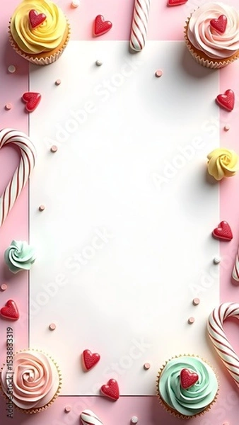 Obraz Candy-Themed Kids Party Background with Cupcakes, Balloons, and Sweets – Colorful and Cute Frame for Birthday Invitations or Baking-Themed Designs.
