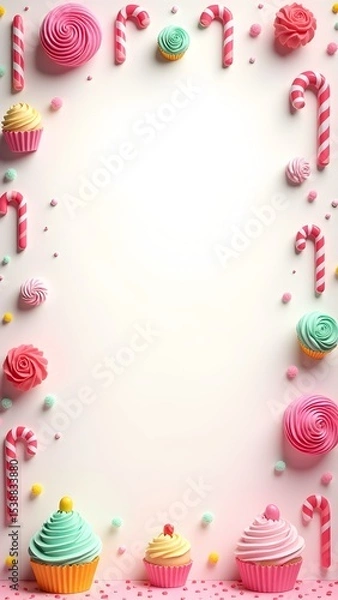 Obraz Candy-Themed Kids Party Background with Cupcakes, Balloons, and Sweets – Colorful and Cute Frame for Birthday Invitations or Baking-Themed Designs.