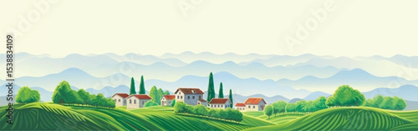 Fototapeta Vector illustration, rustic landscape with a village perched atop a hill, featuring a panoramic view of mountains and rolling hills in the background.
