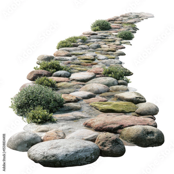 Fototapeta Tranquil stone path winds through peaceful garden, showcasing variety of smooth stones and lush greenery. This serene setting invites relaxation and contemplation