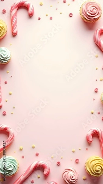 Obraz Candy-Themed Kids Party Background with Cupcakes, Balloons, and Sweets – Colorful and Cute Frame for Birthday Invitations or Baking-Themed Designs.