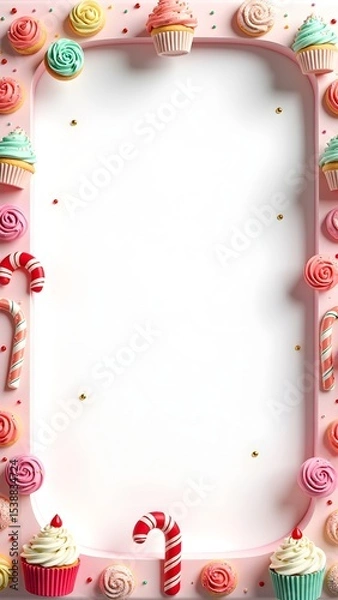Obraz Candy-Themed Kids Party Background with Cupcakes, Balloons, and Sweets – Colorful and Cute Frame for Birthday Invitations or Baking-Themed Designs.