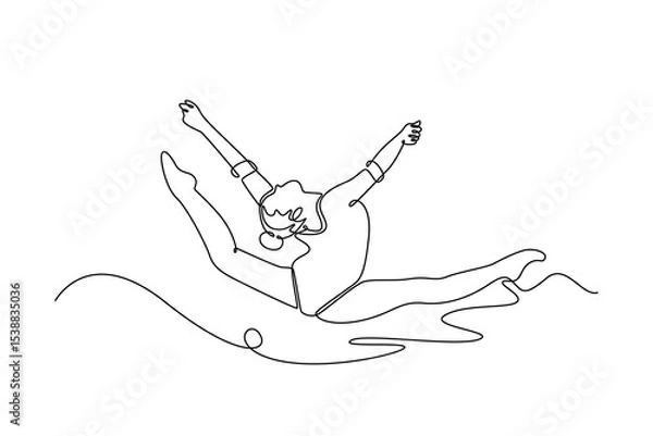 Obraz Continuous one line drawing graceful female gymnast jumping in mid air, performing split leap. Elegance and precision in captivating rhythmic gymnastic. Single line design vector graphic illustration