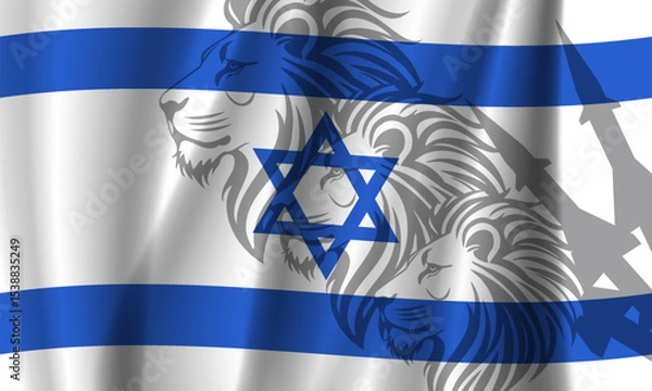 Fototapeta Vector wavy national flag of Promised Land. Star of David. Shadows heads of lion and rocket combat systems. Nation of lions. Military and political banner