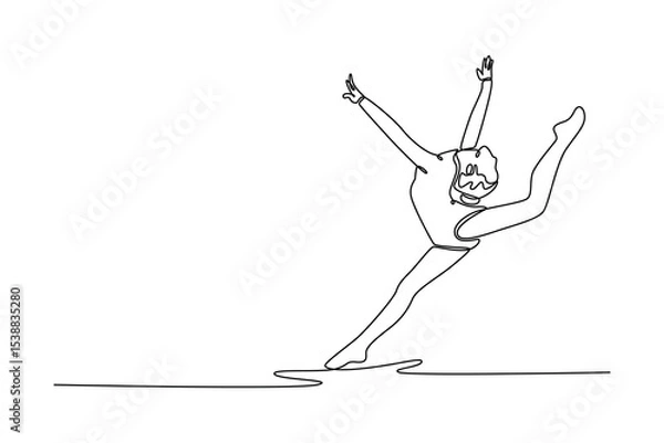 Obraz Continuous one line drawing attractive fit gymnast woman in sportswear dress working out, performing art gymnastics, stride leap, jumping, dancing. Single line draw design vector graphic illustration