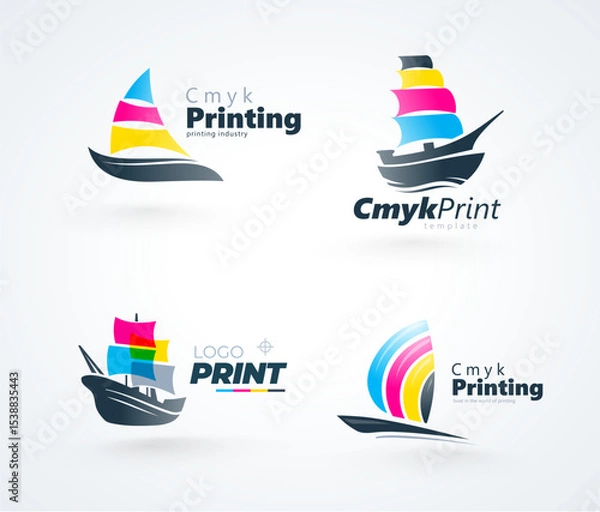 Obraz Set Logo Sailing Ship CMYK Print theme. Abstract Sailiboat silhouette ink cmyk sail. Template design vector.