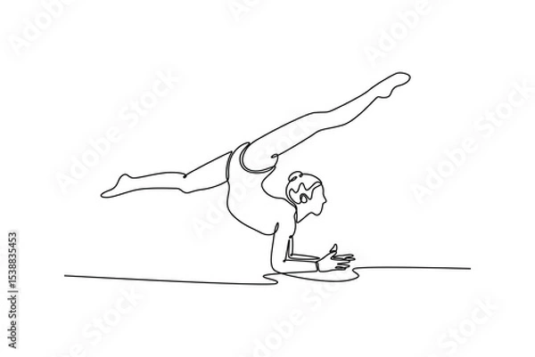 Obraz Single continuous line drawing beautiful and flexible graceful athlete rhythmic gymnastic artist dancing, doing stretch exercises. Beauty, art, sport. One line draw graphic design vector illustration