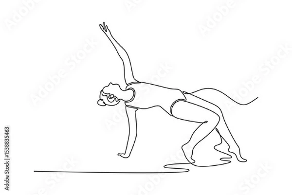 Obraz Continuous one line drawing young girl, professional rhythmic gymnast athlete in motion, making beauty dance performance. Contemporary art collage. Single line draw design vector graphic illustration