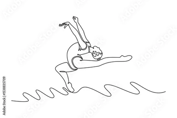 Obraz Single continuous line drawing flexible teen girl rhythmic gymnast in dance motion exercise. Sport, beauty, competition, flexibility, active lifestyle. One line draw graphic design vector illustration