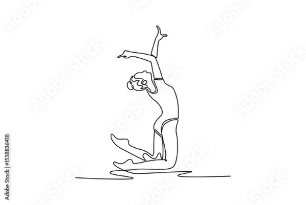 Obraz Single one line drawing woman exercising rhythmic gymnastics. Female gymnast elegantly art dancing, her precision, grace, and artistry. Modern continuous line draw design graphic vector illustration