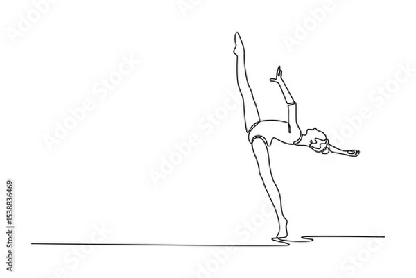 Obraz Single one line drawing teenager doing rhythmic gymnastic dance in arena. Fit gymnast dancer sport ballerina athlete perform acrobatic exercise. Continuous line draw design graphic vector illustration
