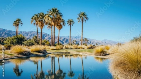 Fototapeta Palm trees and mountains reflected in a still water pond