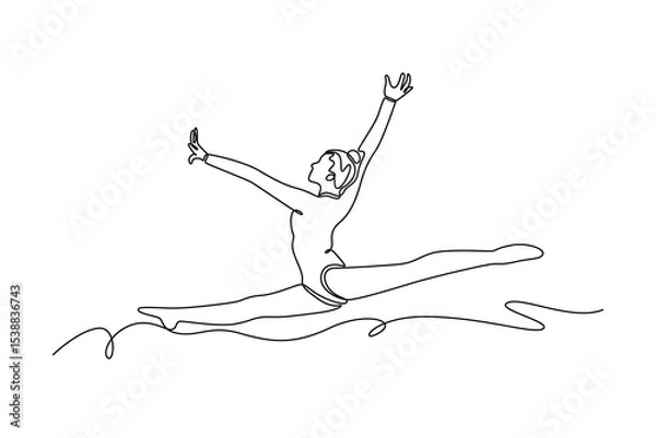 Obraz Single one line drawing beauty gymnast woman in sportswear dress working out, performing art gymnastics, jumping, doing split leap in the air. Continuous line draw design graphic vector illustration