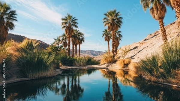 Fototapeta Palm trees and mountains surround a serene body of water