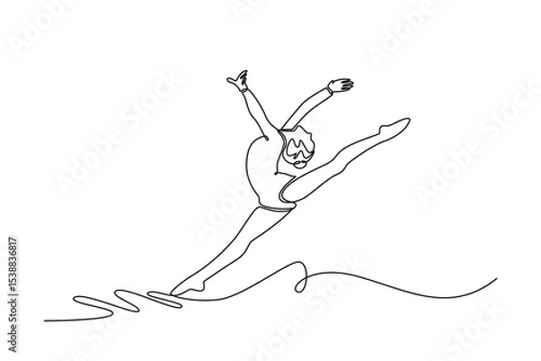 Obraz Continuous one line drawing gymnast girl doing splits in the air. Active gymnast woman in sportswear dress working out, performing art gymnastics. Single line draw design vector graphic illustration