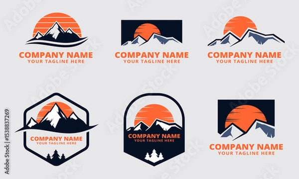 Fototapeta Set of Modern Mountain Logos Featuring Sunrise and Customizable Text