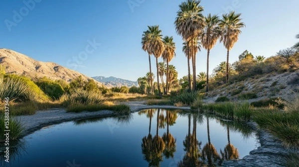 Fototapeta Palm trees reflect in a still pond in a desert landscape