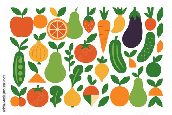 Fototapeta Bright and colorful assortment of various fruits and vegetables displayed on a white background