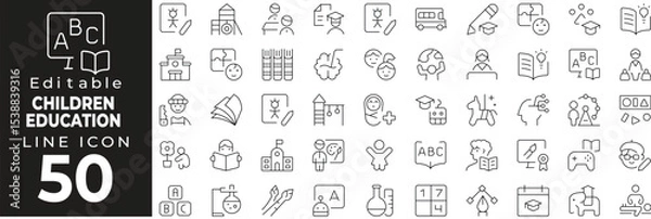 Fototapeta Early learning and child education icons. Featuring books, ABC blocks, students, learning tools, and classroom symbols. Editable stroke.
