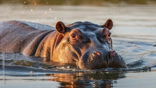 Fototapeta Close-up of hippopotamus swimming in river at golden hour, with natural green background. Wild animal in its habitat, captured in warm evening light. Wildlife nature photography