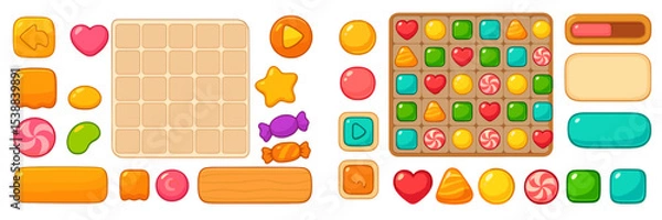 Fototapeta Colorful candy game interface featuring various shapes and sizes for a fun puzzle experience