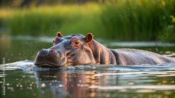 Fototapeta Close-up of hippopotamus swimming in river at golden hour, with natural green background. Wild animal in its habitat, captured in warm evening light. Wildlife nature photography
