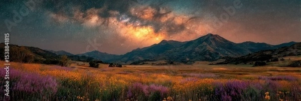 Fototapeta Stunning night view of mountains and wildflowers under the starry sky in a serene landscape setting