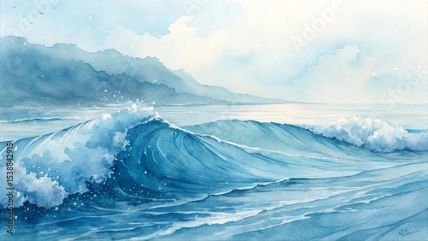 Fototapeta Watercolor seascape painting with ocean waves crashing on sandy beach, mountain coastline, cloudy sky, and distant ship. Peaceful coastal nature artwork in blue tones.