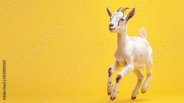 Fototapeta A playful young goat leaps against a vibrant yellow backdrop.