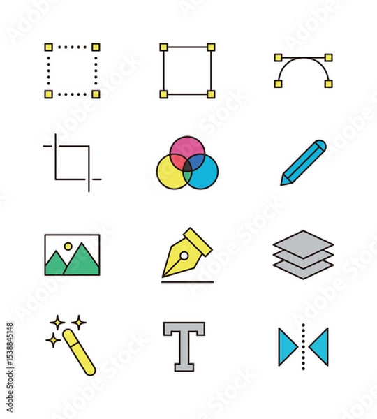 Obraz Design and graphic tools icon set with simple and minimal lines. Layer, crop, draw, photo, text, pen, area, drawing icons.
