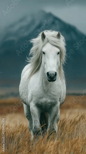 Obraz Majestic white horse gallops through golden grasslands under a cloudy sky in a remote mountainous region