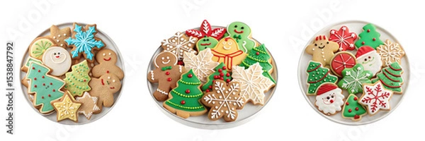 Obraz Set For Three plates of decorated christmas cookies isolated on transparent background