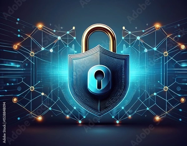 Obraz Secure Digital Shield Cybersecurity Concept Featuring Padlock, Glowing Circuitry and Network Connections for Data Protection, Privacy and Internet Safety.