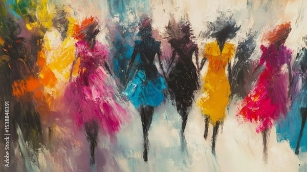 Fototapeta Five figures in colorful dresses stand against a vibrant abstract background.