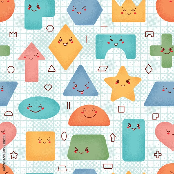 Fototapeta Colorful Cute Geometric Shapes Vector Seamless Pattern. Baby Background with Variety Happy Kawaii Characters. Fun Educational Design for Preschool, Back to School, Kids Learning.  