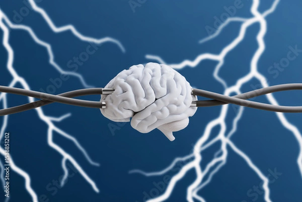Fototapeta Conceptual brain with electric wire and lightning bolts, depicting how mental health is affected by power overload