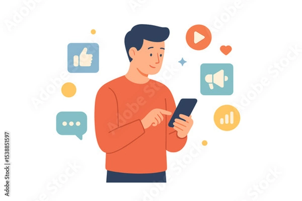 Fototapeta Young man engaging with social media on smartphone surrounded by digital icons representing interaction and content sharing