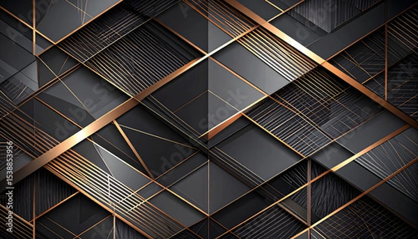 Obraz Abstract Geometric Background Dark Grey, Gold, and Silver Intersecting Lines and Shapes
