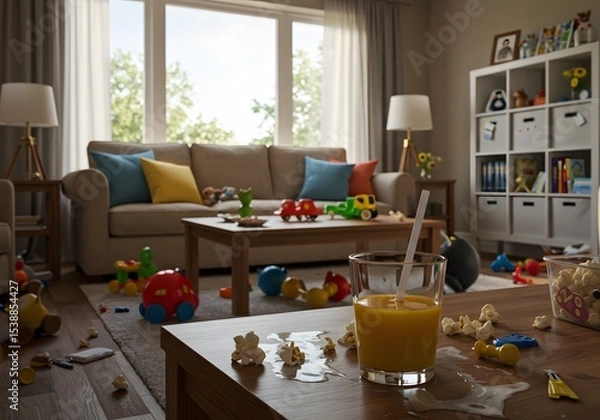 Obraz Untidy Living Room Everyday Home Life with Couch, Toys, and Mess, Reflecting Comfort and Reality in a Relaxed Interior