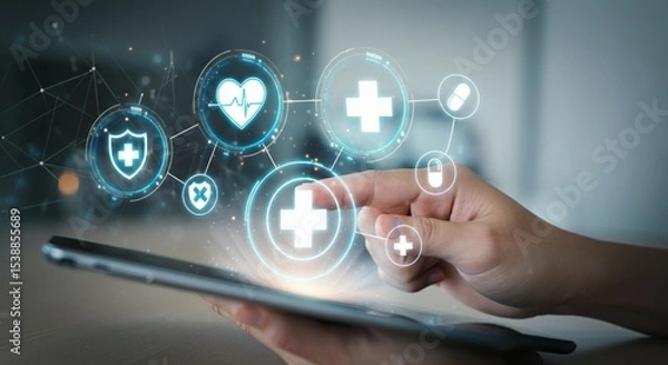 Fototapeta Digital Healthcare Interface on Tablet with Medical Icons and Technology Concept